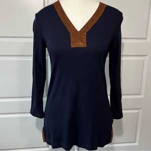 Ralph Lauren Navy Blue Long Sleeve Tunic Top with Brown Faux Suede Trim Detail